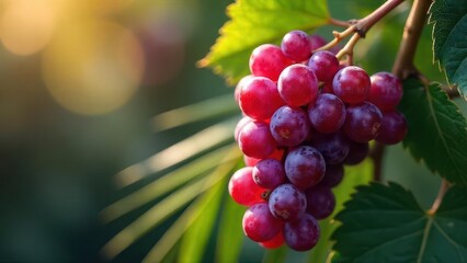 A cluster of ripe red grapes hanging from a vine bathed in warm sunlight, showcasing the vibrant color and natural beauty of the fruit in a lush green garden setting.