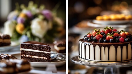 Chocolate cake on left, dessert table blurred, right side for logo 