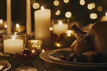Festive Candlelit Dinner with Roasted Turkey and Holiday Decorations