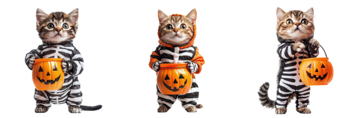 Set of cats in a Halloween skeleton costume with a bucket in the form of a Halloween pumpkin isolated on transparent background PNG
