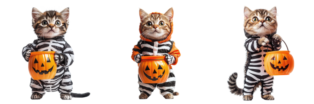 Set of cats in a Halloween skeleton costume with a bucket in the form of a Halloween pumpkin isolated on transparent background PNG