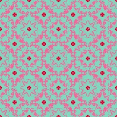 seamless floral pattern,flowers,leaves,boat garlands,pagodas created by combining red,green curves ,painting them,pink background in geometric patterns to sarong,tile,fabric,printed fabric,tablecloth