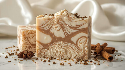 Handcrafted soap bar with intricate textures, swirling white and caramel tones, and aromatic spices. Set on a glossy white surface with silk fabric background, captured in high detail with dramatic li