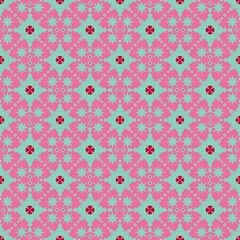 seamless floral pattern,flowers,leaves,boat garlands,pagodas created by combining red,green curves ,painting them,pink background in geometric patterns to sarong,tile,fabric,printed fabric,tablecloth