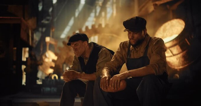 Two 19th-century Foundry Workers Sit Side by Side, Sharing a Simple Loaf of Bread During a Break. One Worker is Smoking a Cigarette. Their Faces are Tired and Soot-Covered, Reflecting the Furnace Glow