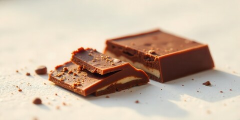 Sweet Indulgence Creamy layers of dark chocolate, delicately broken, revealing a rich, decadent interior, resting on a light surface, illuminated by soft sunlight.