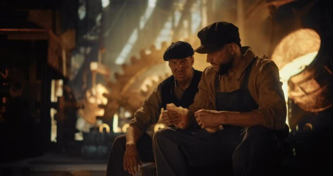 Industrial Revolution Laborers Take a Quiet Moment to Sit Down, Rest and Eat Fresh Bread Inside a Smoky Ironworks Facility. Gritty Environment with Steam, Fire and Molten Metal Fill the Background