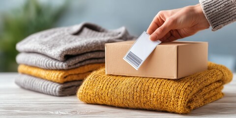 Close-up of hand sealing cardboard box with blank label, stack of cozy second-hand sweaters in background. Eco-friendly shipping concept, online resale or donation packaging at home.