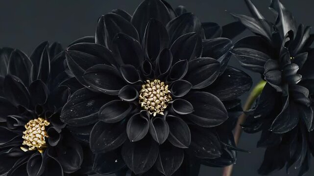 Three black dahlia flowers blooming under water drops