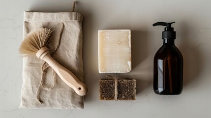 Elegant still life showcasing sustainable bathroom essentials, including natural soaps, wooden brush, and refillable bottle, set against a minimalist, neutral backdrop