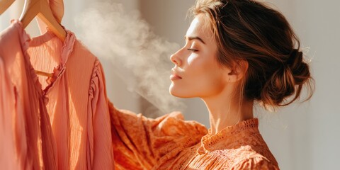 Elegant woman in vintage pink lace dress steaming clothes before reselling. Soft atmosphere with steam among pastel garments, highlighting care, quality, and sustainable fashion styling.