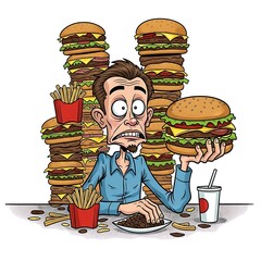 Cartoon Man Overwhelmed by Fast Food Feast with Burgers and Fries.