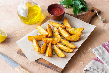 Baked potato with ketchup. Healthy food. Vegetarian food.