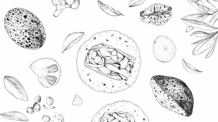Hand drawn illustration of assorted food items on a white background.