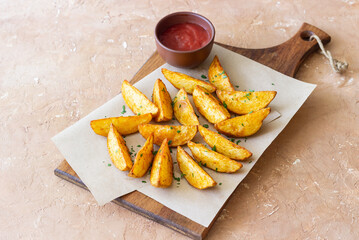 Baked potato with ketchup. Healthy food. Vegetarian food.