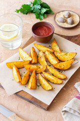 Baked potato with ketchup. Healthy food. Vegetarian food.