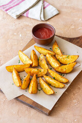 Baked potato with ketchup. Healthy food. Vegetarian food.