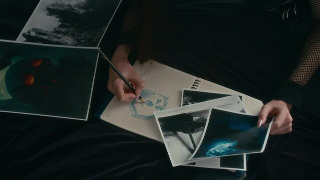 High angle shot of unrecognizable woman sketching skull on paper from photo references, lying on bed with dark sheets