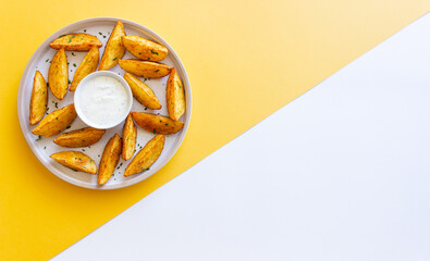 Baked potato with white sauce. Healthy food. Vegetarian food.
