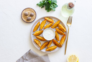 Baked potato with white sauce. Healthy food. Vegetarian food.