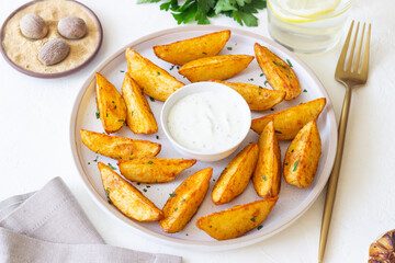 Baked potato with white sauce. Healthy food. Vegetarian food.
