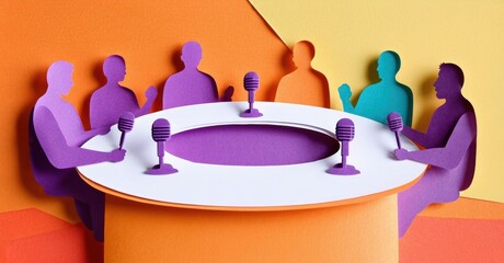 Paper cutouts depict people around table. Microphones suggest discussion, meeting, or podcast recording. Bright colors create modern aesthetic.