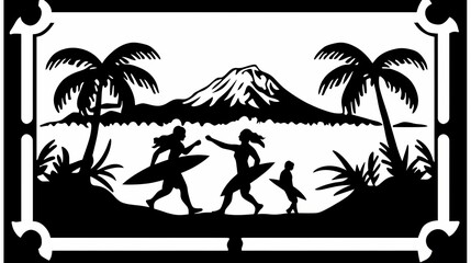 Silhouette illustration of people surfing at a tropical beach.