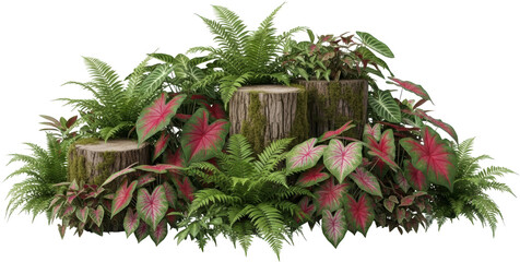 Lush greenery and textured tree stumps adorned with vibrant pink and green foliage