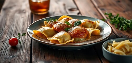 A rustic wooden table holds a plate of homemade ravioli, bathed in warm light, background, shadow