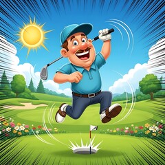 Happy Golfer Cartoon on Sunny Green Course with Club and Hole.