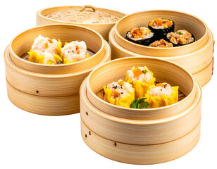 Assorted dim sum bamboo steamer presentation