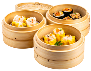 Assorted dim sum bamboo steamer presentation