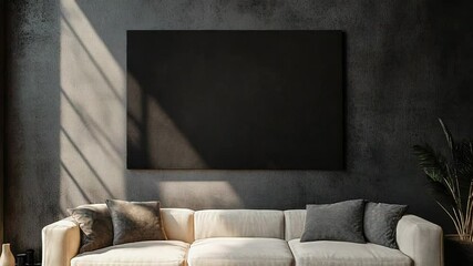 Modern living room with blank canvas, sofa and coffee table illuminating by sunlight - Powered by Adobe