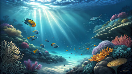 Underwater coral reef ecosystem with colorful fish and sun rays ocean life marine biology scenery view
