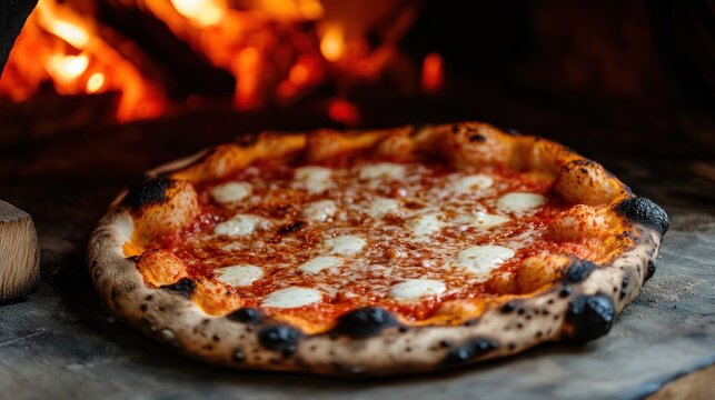 Freshly baked pizza in wood-fired oven