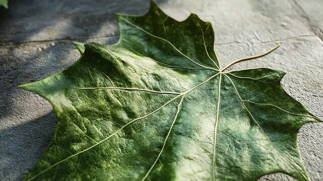 Green maple leaf resting on stone surface in sunlight