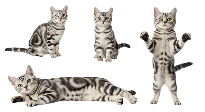 Four Silver Tabby Cats in Various Poses Sitting Reclining and Standing Upright.