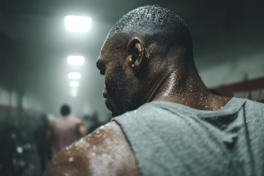 Focused man working out in a gym with determination and sweat visible