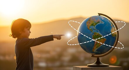 Young Boy Interacting With a Globe at Sunset Illustrating Global Connection.