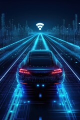 Futuristic self-driving car on a glowing digital highway at night