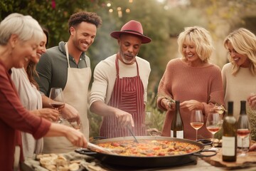 A group of friends or family gathered around a table, serving themselves from a large communal paella pan, enjoying wine and laughter.