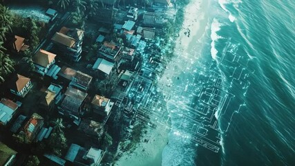 Aerial View of Coastal Village with Digital Data Overlay Merging into Ocean
 - Powered by Adobe