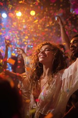 Obraz premium A beautiful woman with curly hair is having fun at the club, partying and dancing.