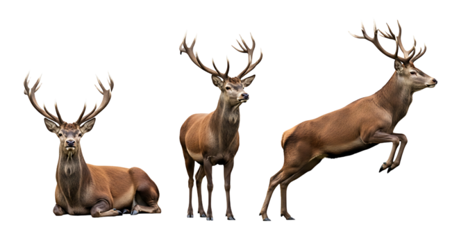 Majestic Stag Trio Resting Standing and Leaping in Detailed Portraiture.