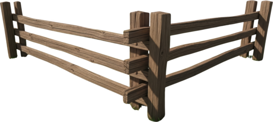 Rustic wooden split rail fence section with three horizontal rails set against a dark background