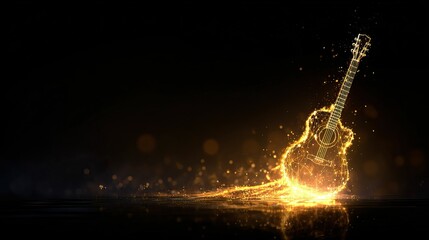 Burning Acoustic Guitar Floating in Darkness