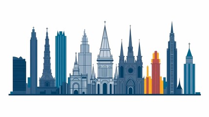 Obraz premium Colorful cityscape silhouette of various architectural styles.
