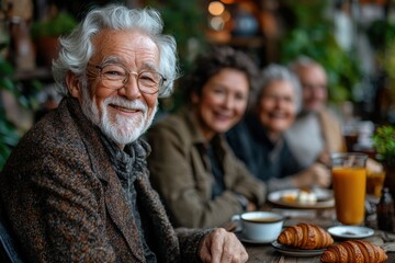 Happy elderly friends enjoying coffee and croissants in a rustic cafe