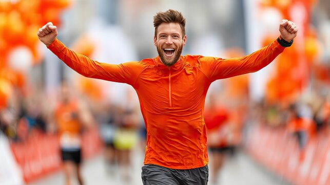 Runner celebrates victory at race with raised arms on city street