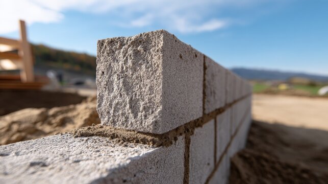 Close-up of foundation fbs block wall section in construction site setting.